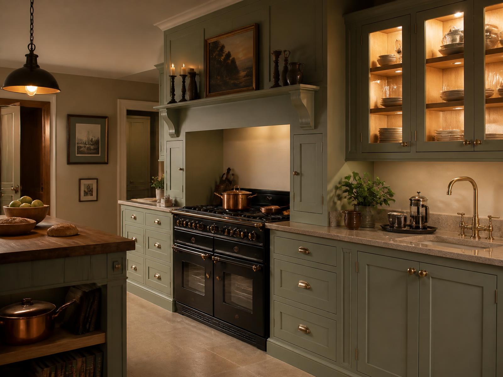 Pale olive green in-frame handmade kitchen with a warm lit glazed dresser, range cooker and oak worktop island