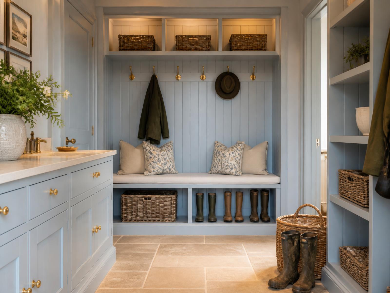 Pale baby blue handmade boot room with cushioned bench, brass hooks, warm lit cubbies and stone flagstone floor