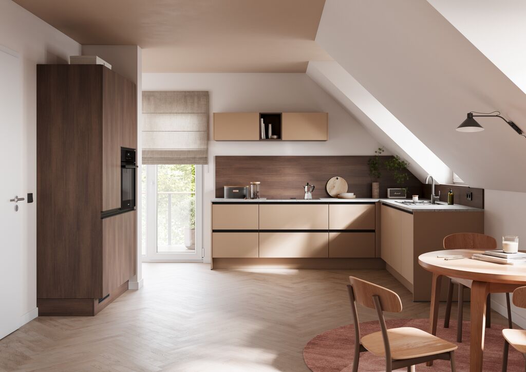 Impuls IP 3150 matt lacquer kitchen in caramel with dark timber tall units under a sloping attic ceiling