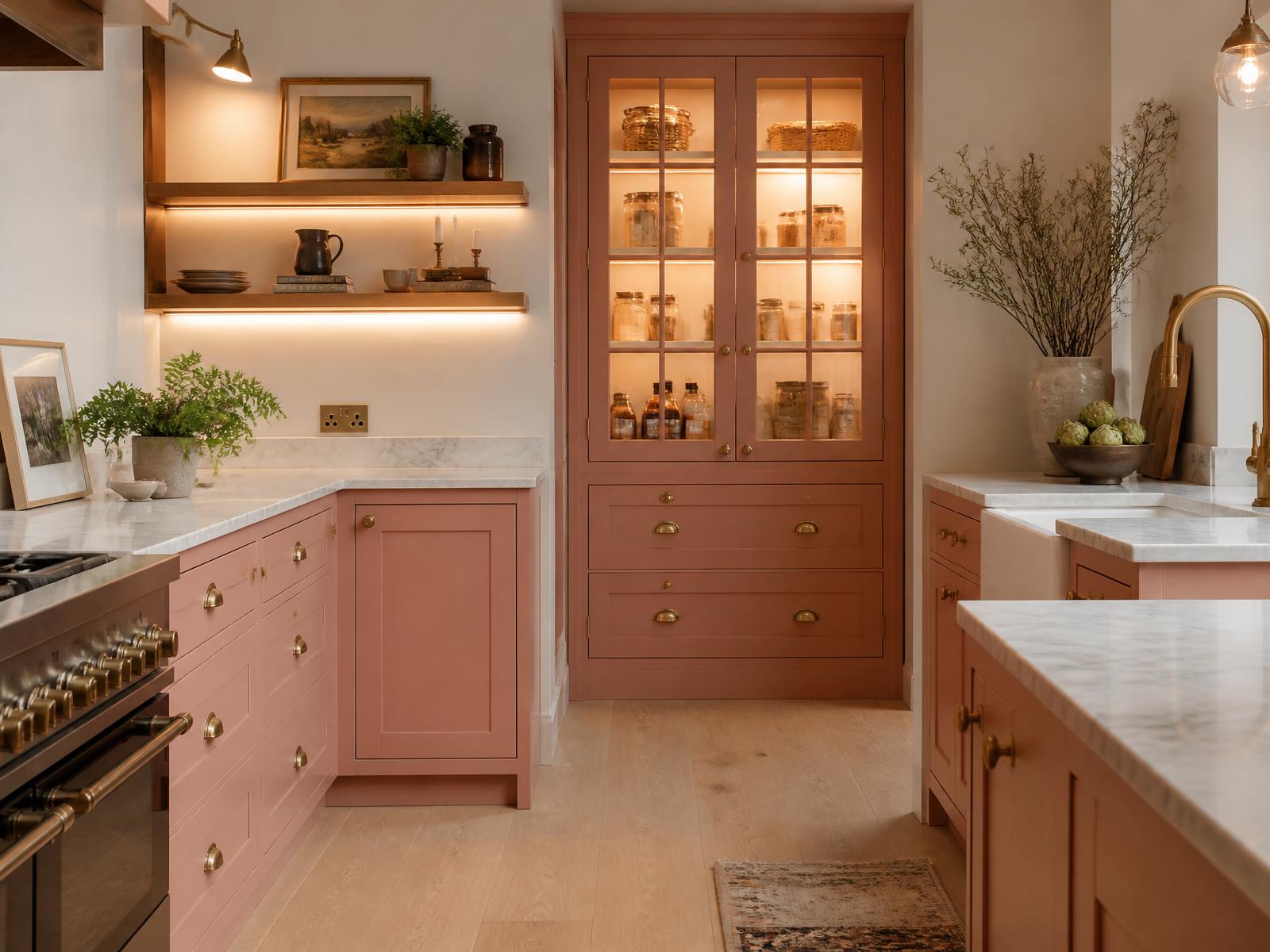 Dusty rose pink in-frame handmade kitchen with marble worktops, warm lit oak shelving and a glazed larder