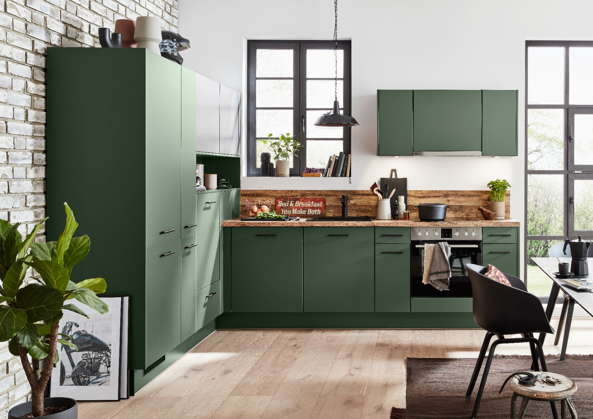 Impuls German kitchen in forest green with rustic oak