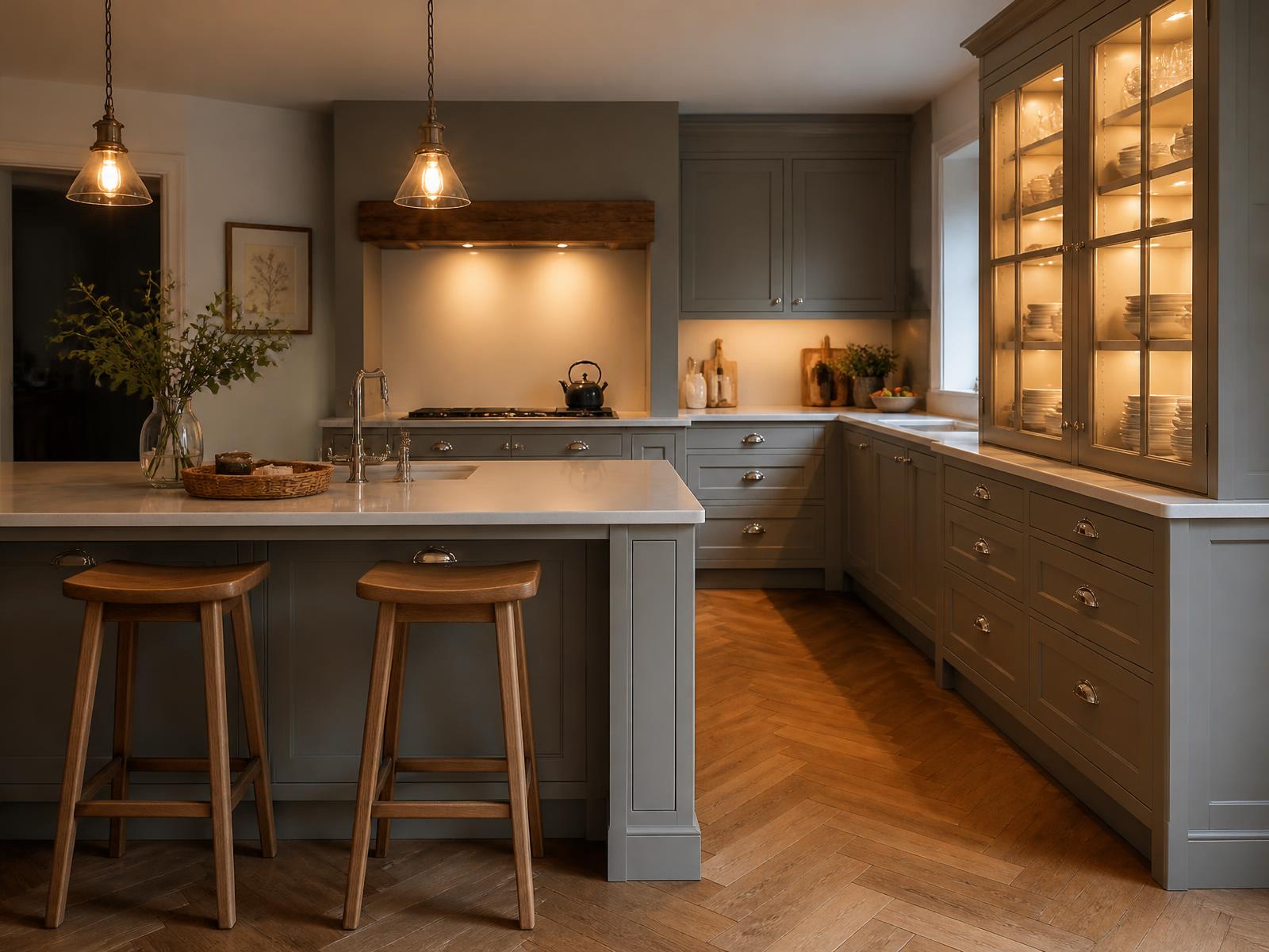 Partridge grey in-frame shaker kitchen with a warm lit glazed dresser, oak beam mantel and peninsula seating