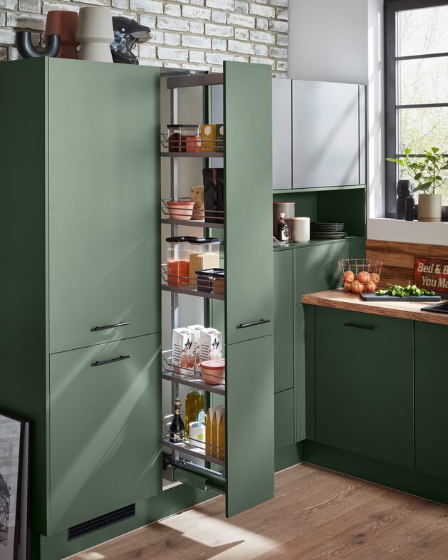 Impuls IP 1200 forest green tall larder unit with a full-height pull-out storage system