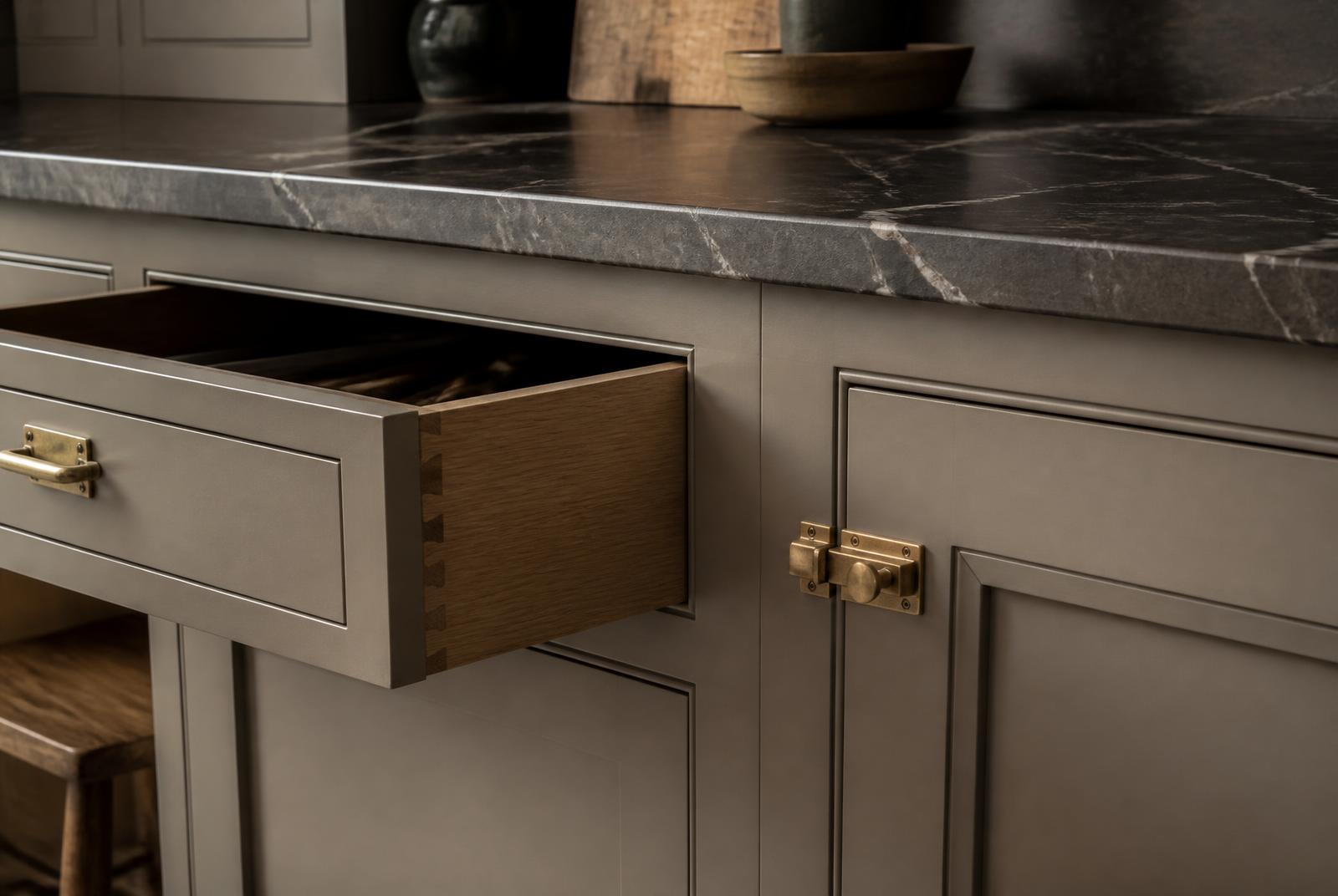 Close-up of a taupe in-frame cabinet door and dovetailed oak drawer with an aged brass latch