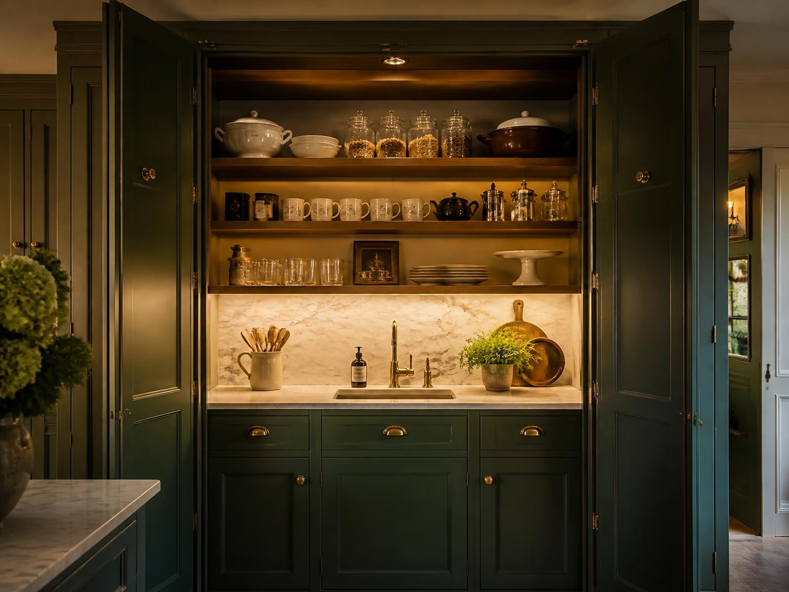 Deep green handmade butlers pantry with a hidden worktop behind tall doors and warm lighting over marble