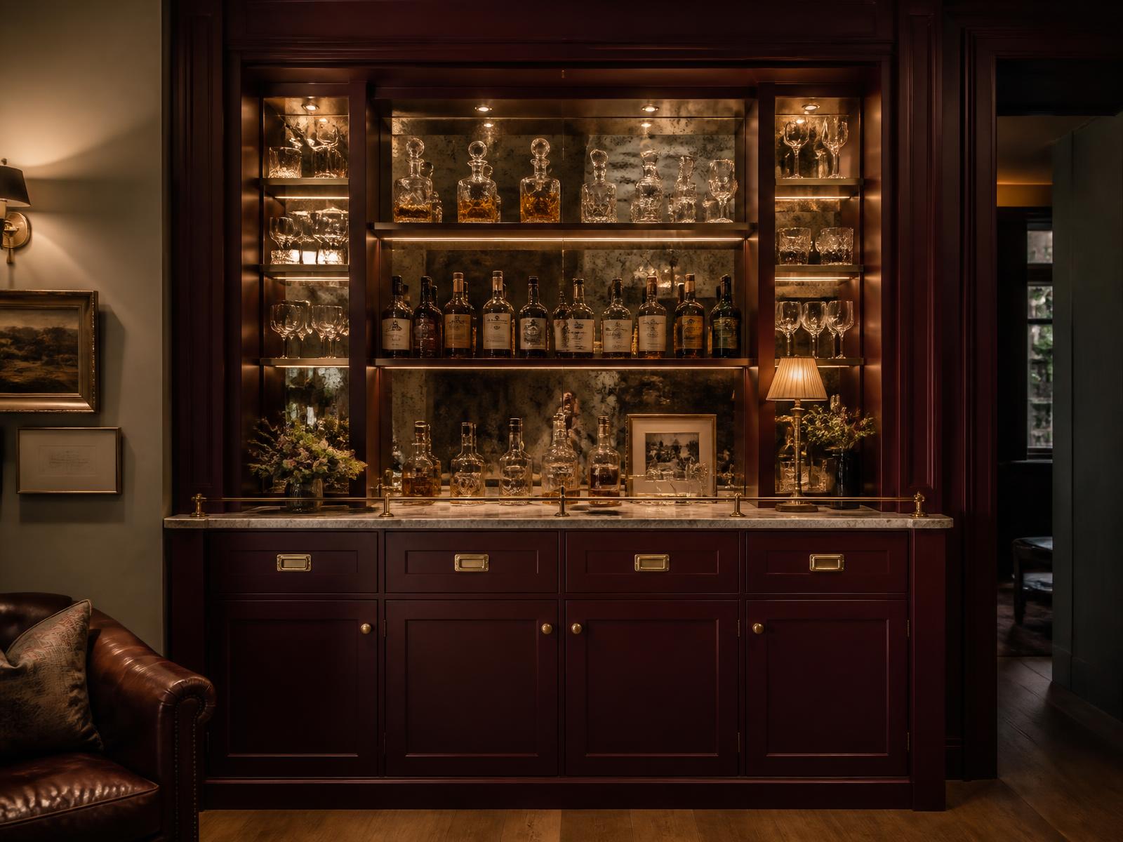 Burgundy handmade home bar with antique mirrored back, warm lit glass shelves and marble worktop