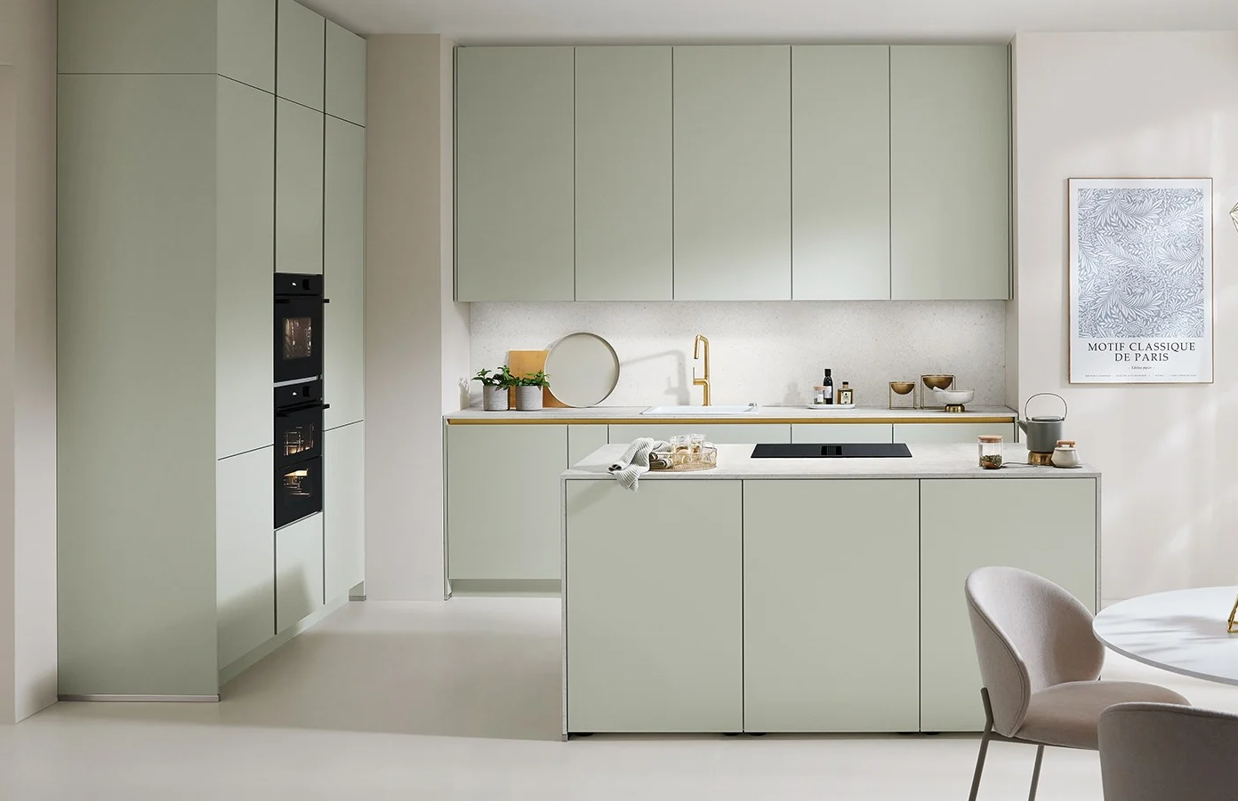 Nobilia German kitchen in soft sage green with handleless fronts