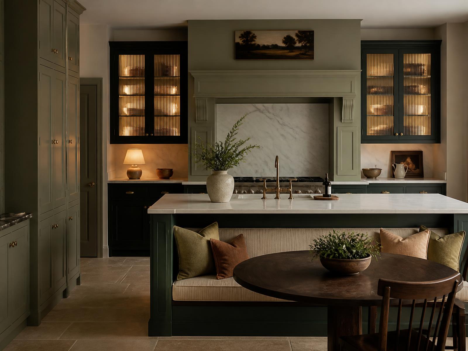 Forest green in-frame handmade kitchen with reeded glass wall cabinets, mantel hood and island banquette seating