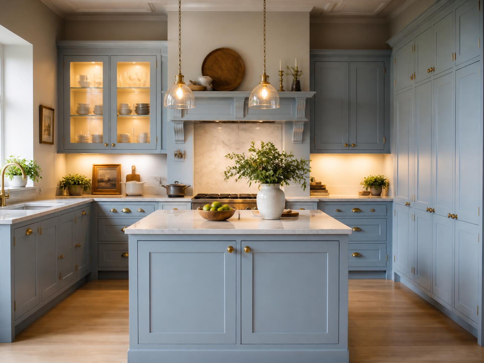 Pale baby blue in-frame handmade kitchen with brass cup handles, marble island and warm lit glazed cabinets