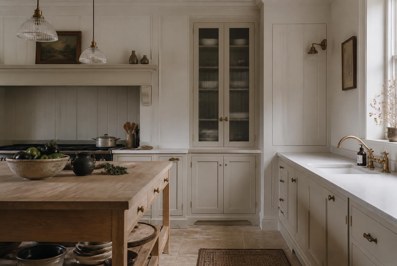 Off-white in-frame handmade kitchen with fluted glass pantry doors and an oak butchers block island