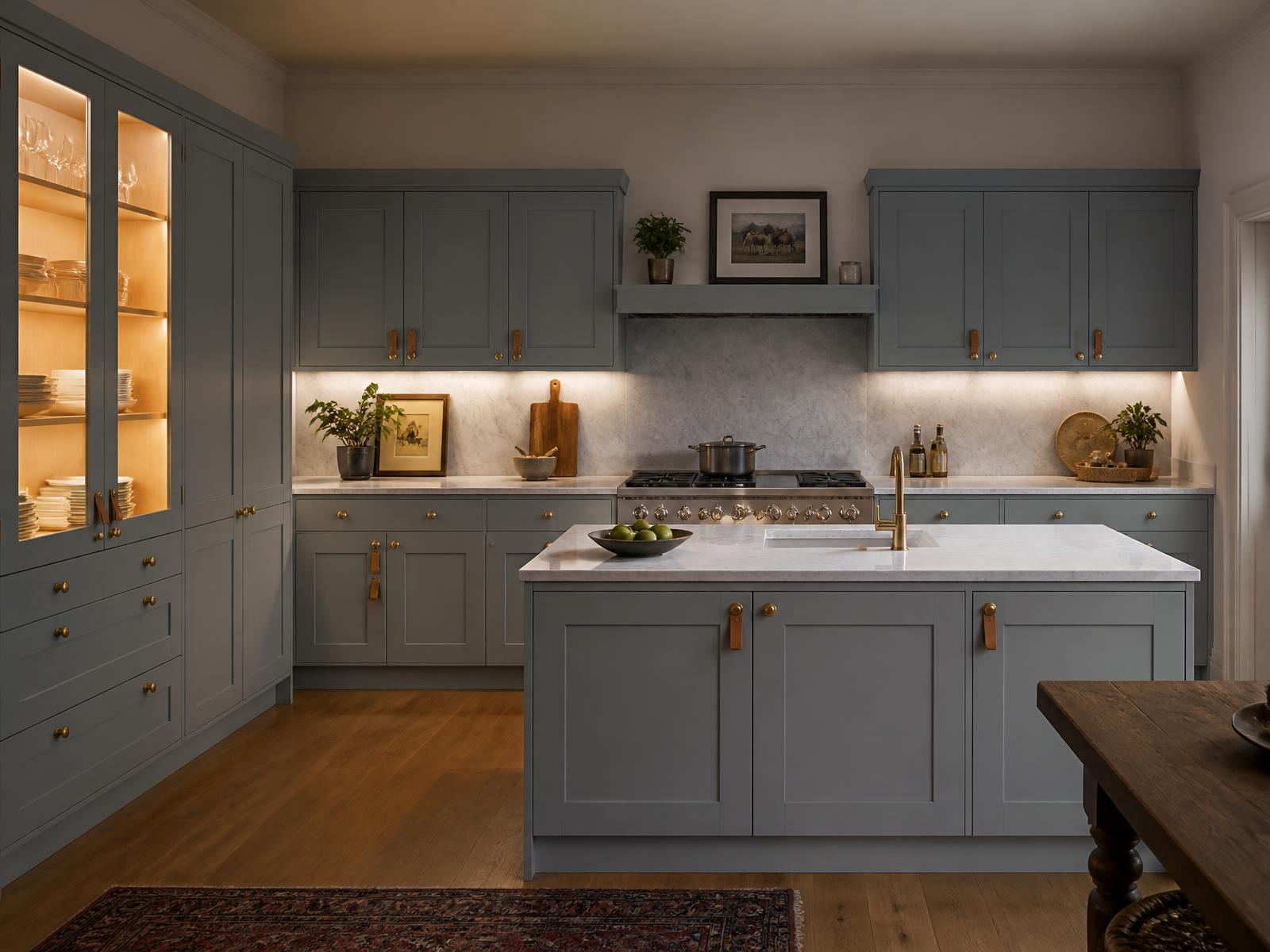 Pastel blue-grey in-frame handmade kitchen with leather tab pulls, marble island and warm lit glazed larder