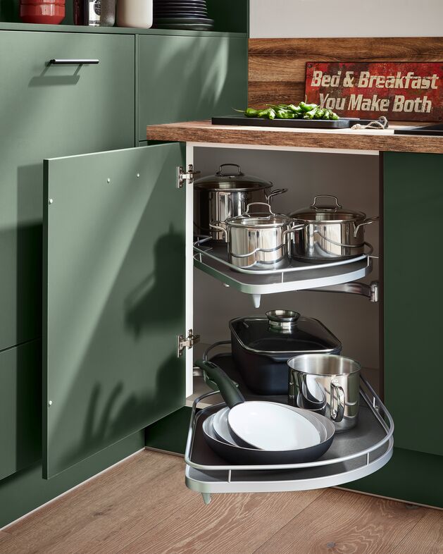 Impuls IP 1200 green corner base unit with a swing-out carousel pan storage system