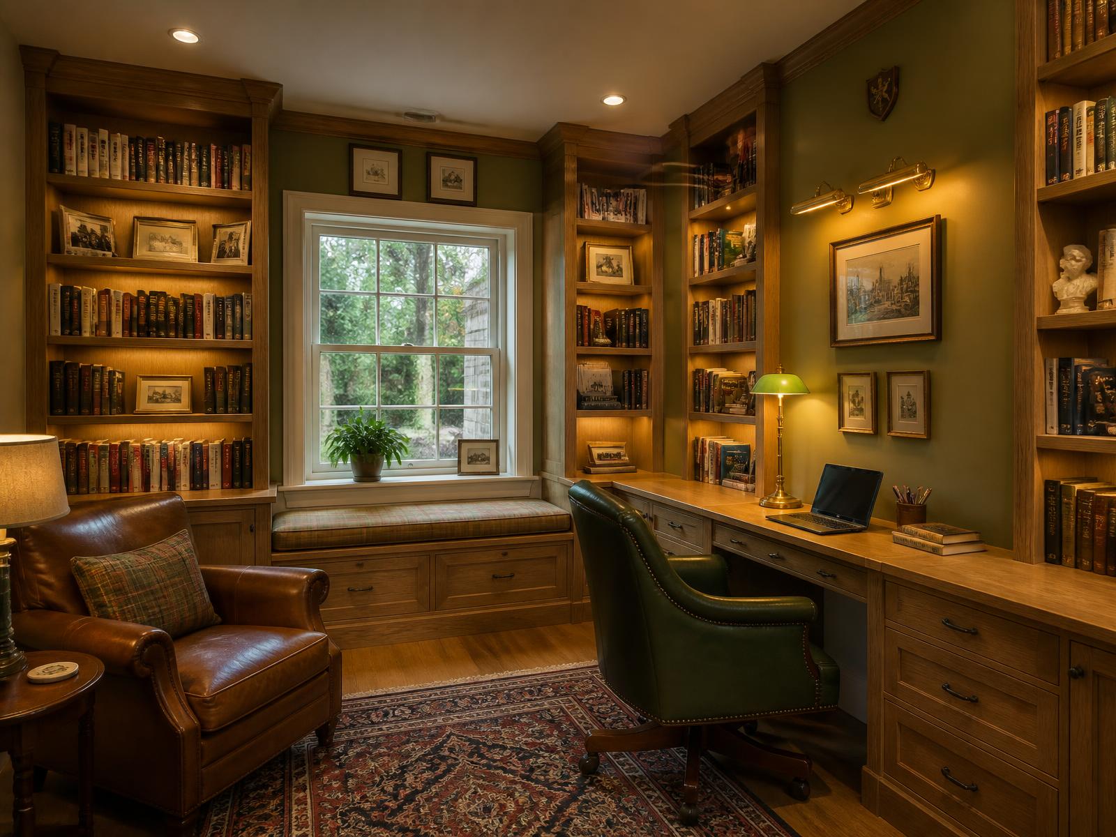 Oak handmade study snug with warm lit bookshelves, built-in desk and a leather chair against pale green walls