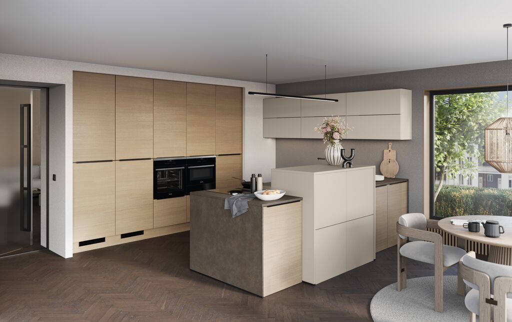 Impuls IP 2200 light oak effect kitchen with a concrete-look island and magnolia handleless wall units