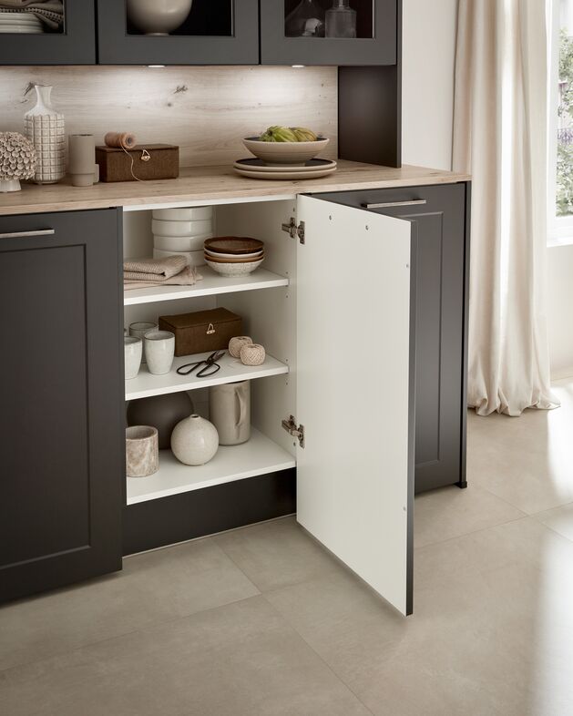 Impuls IP 4250 graphite shaker base cabinet opened to show adjustable shelving
