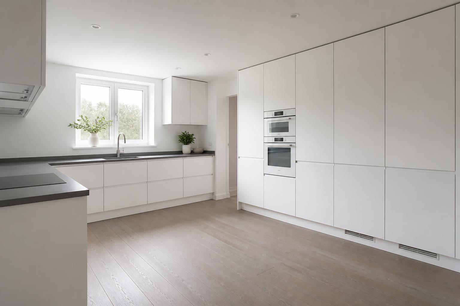 Impuls IP 4820 handleless white kitchen with J-pull grip recess doors, full-height tall units and dark worktop