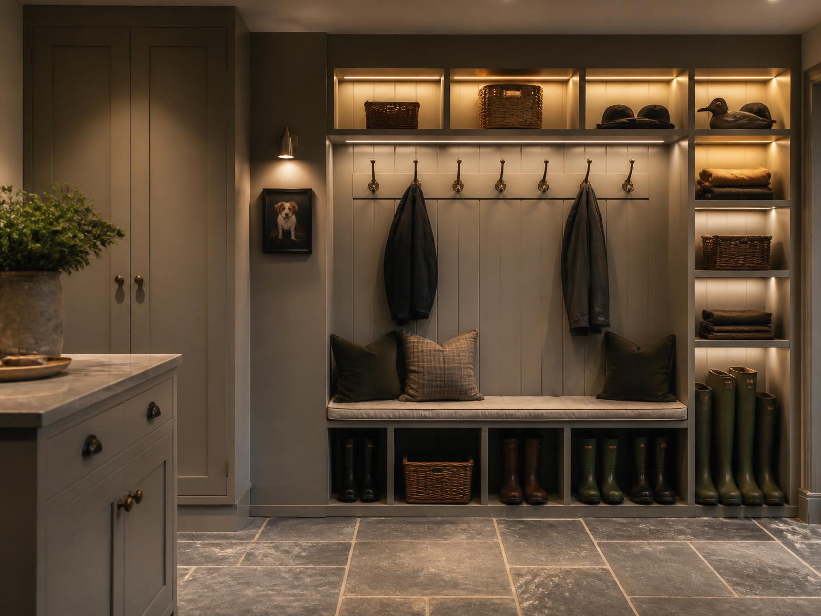 Partridge grey handmade boot room with bench seating, brass coat hooks, warm lit cubbies and slate floor