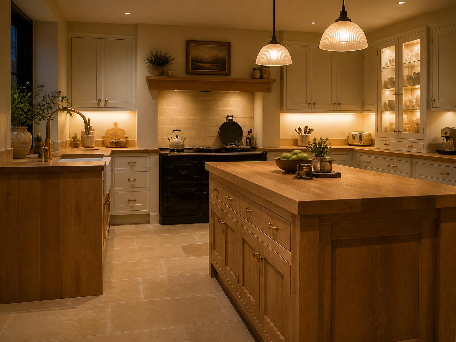 Natural oak in-frame handmade kitchen with cream painted wall cabinets, oak island worktop and warm lighting