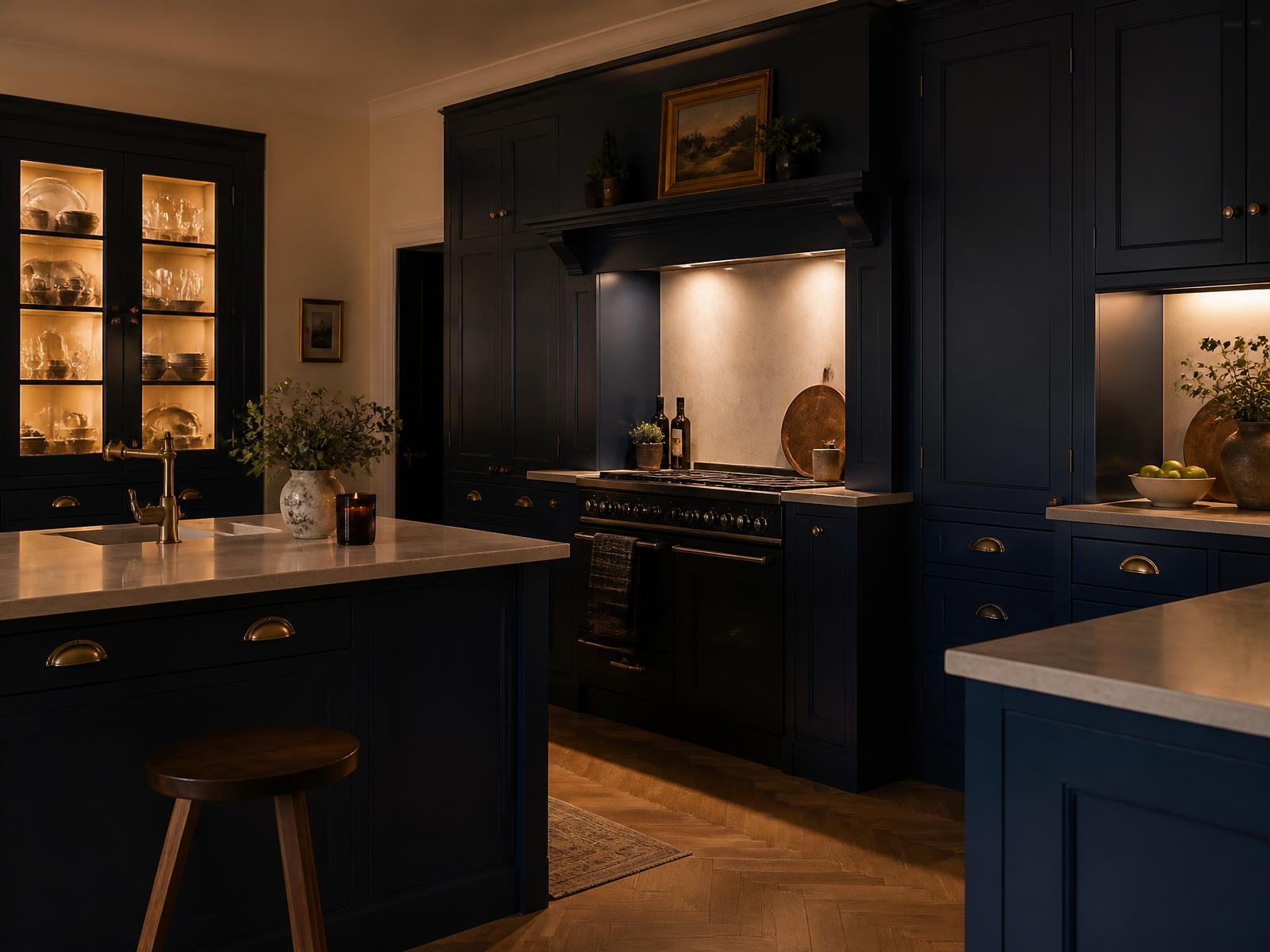 Deep navy in-frame handmade kitchen with warm lit glazed dresser, range cooker and straight tall larder runs