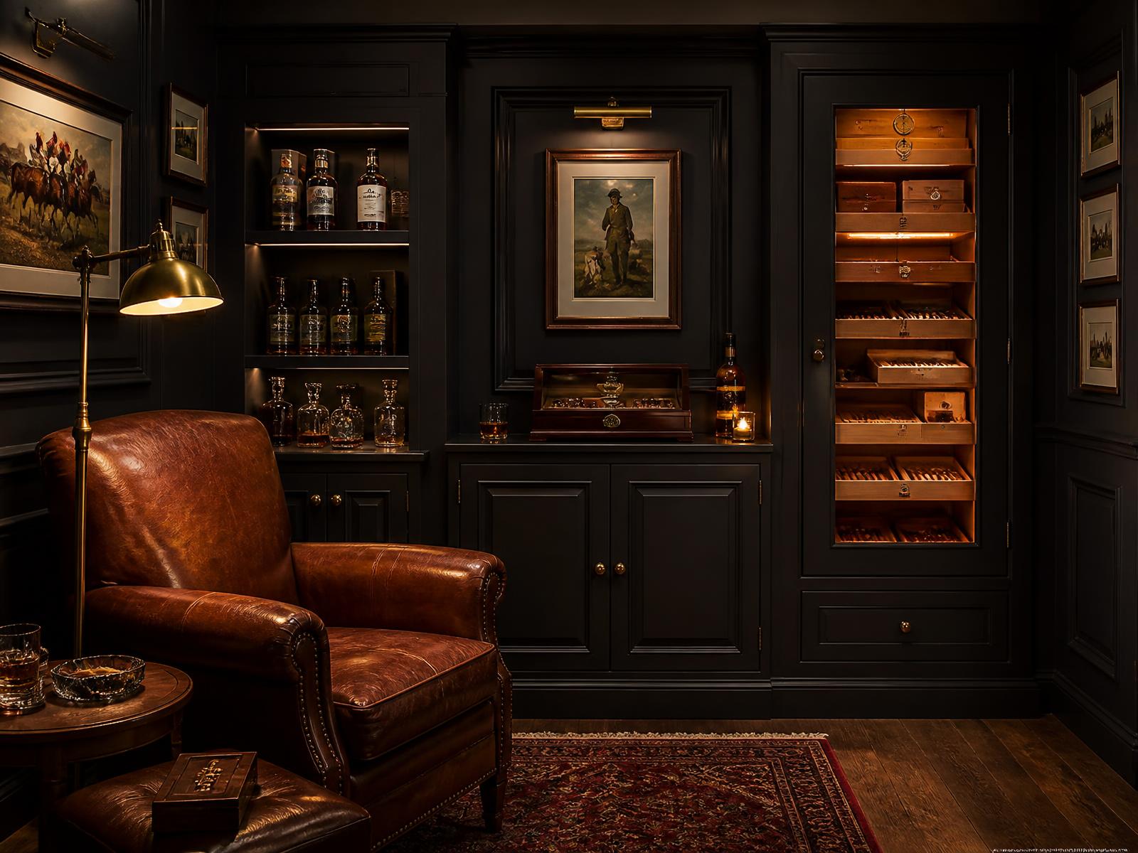 Charcoal handmade cigar room with a warm lit humidor cabinet, whisky shelf and leather club chair