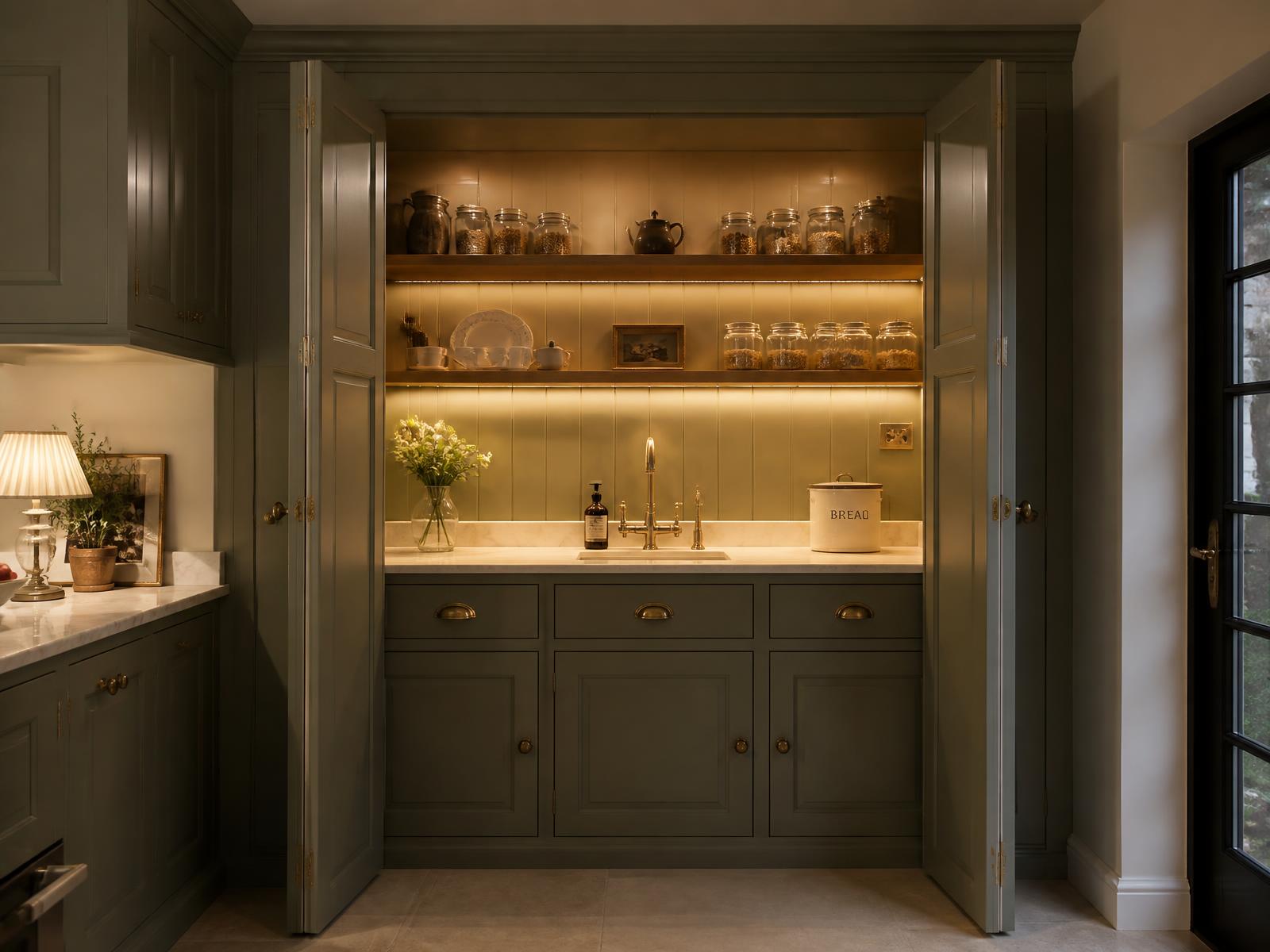 Pale olive handmade butlers pantry with a hidden marble worktop, warm lit oak shelving and brass tap