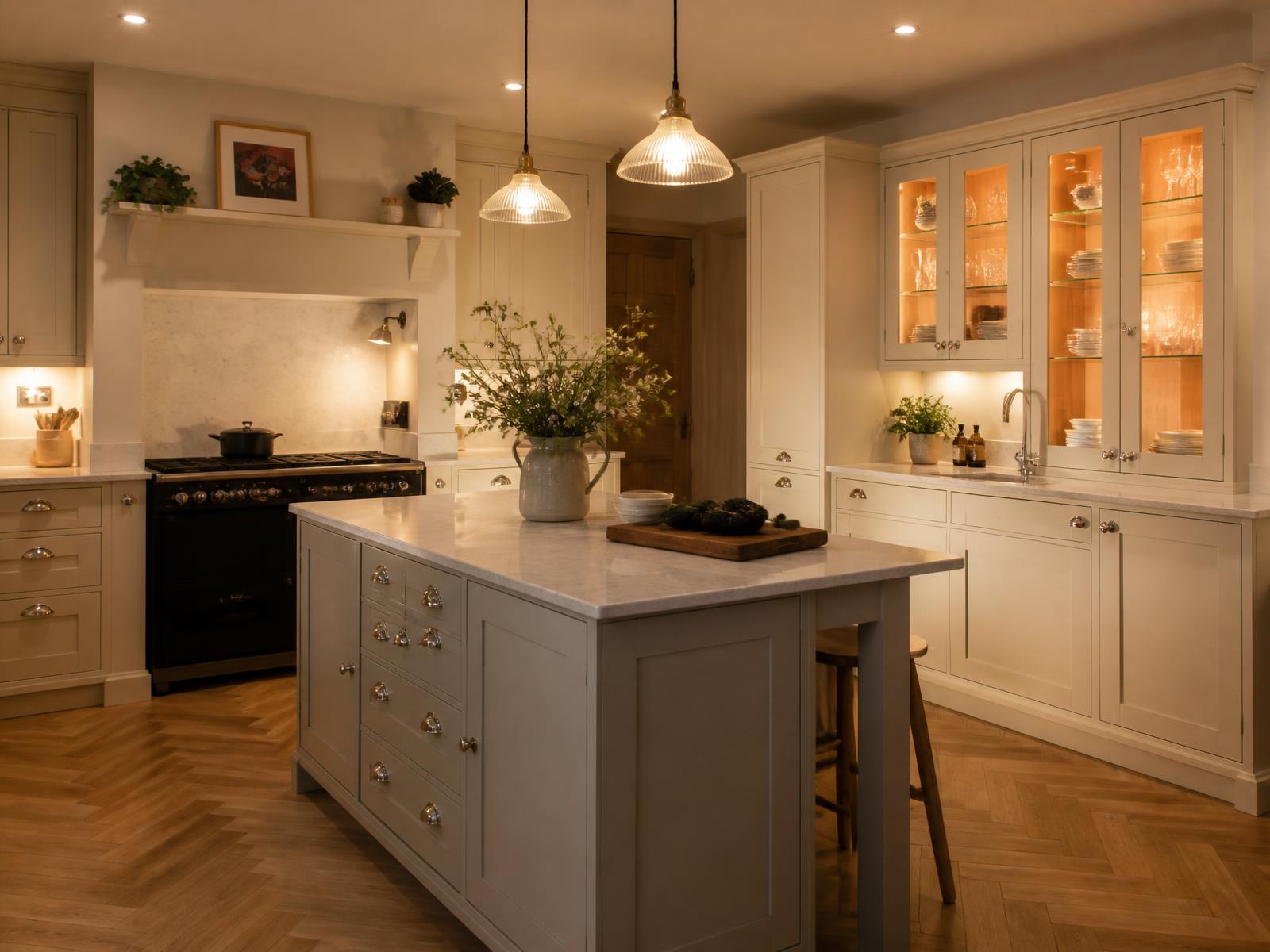 Off-white cream in-frame handmade kitchen with a putty island, warm lit glazed dresser and herringbone oak floor
