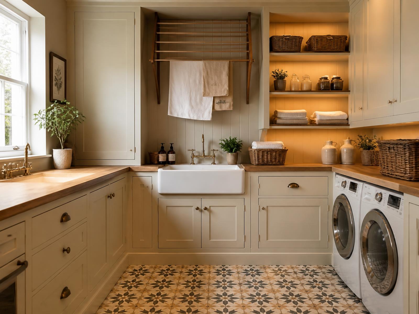 Cream handmade utility and laundry room with oak worktops, warm lit shelving, deep sink and patterned tiled floor