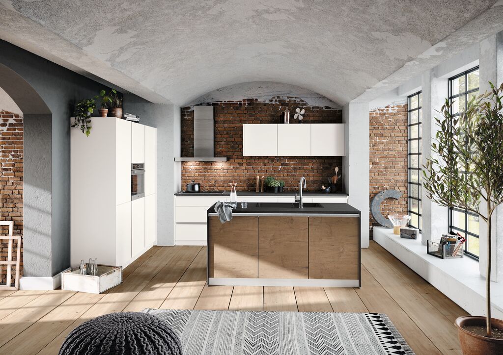 Impuls IP 3150 matt lacquer white kitchen with an oak-fronted island in a brick vaulted room