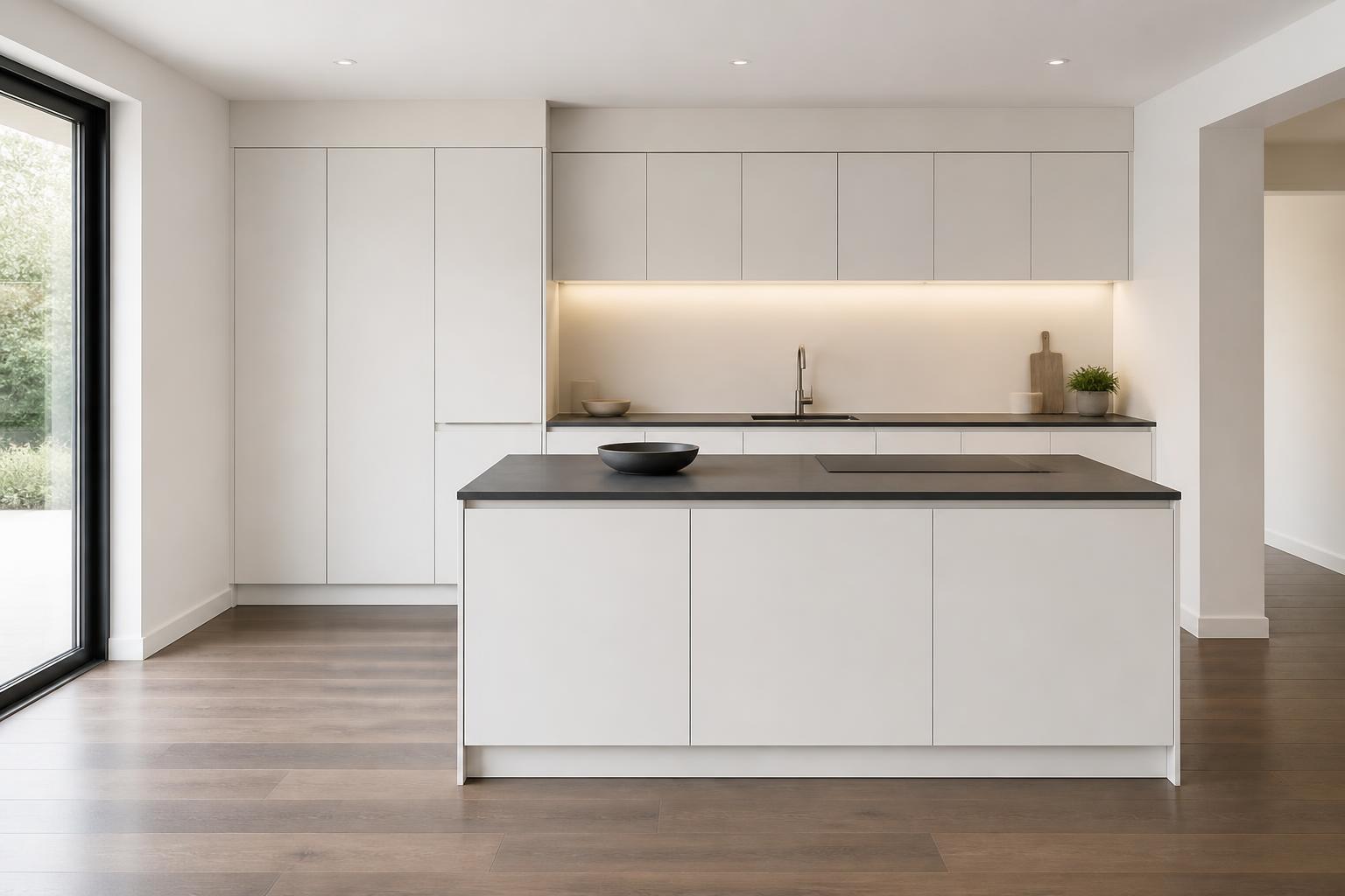 Impuls IP 4820 handleless white kitchen island with J-pull grip recess doors and warm under-cabinet lighting